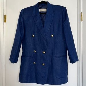 California Style Navy Blue 100% Linen Blazer with Gold Buttons Size 12